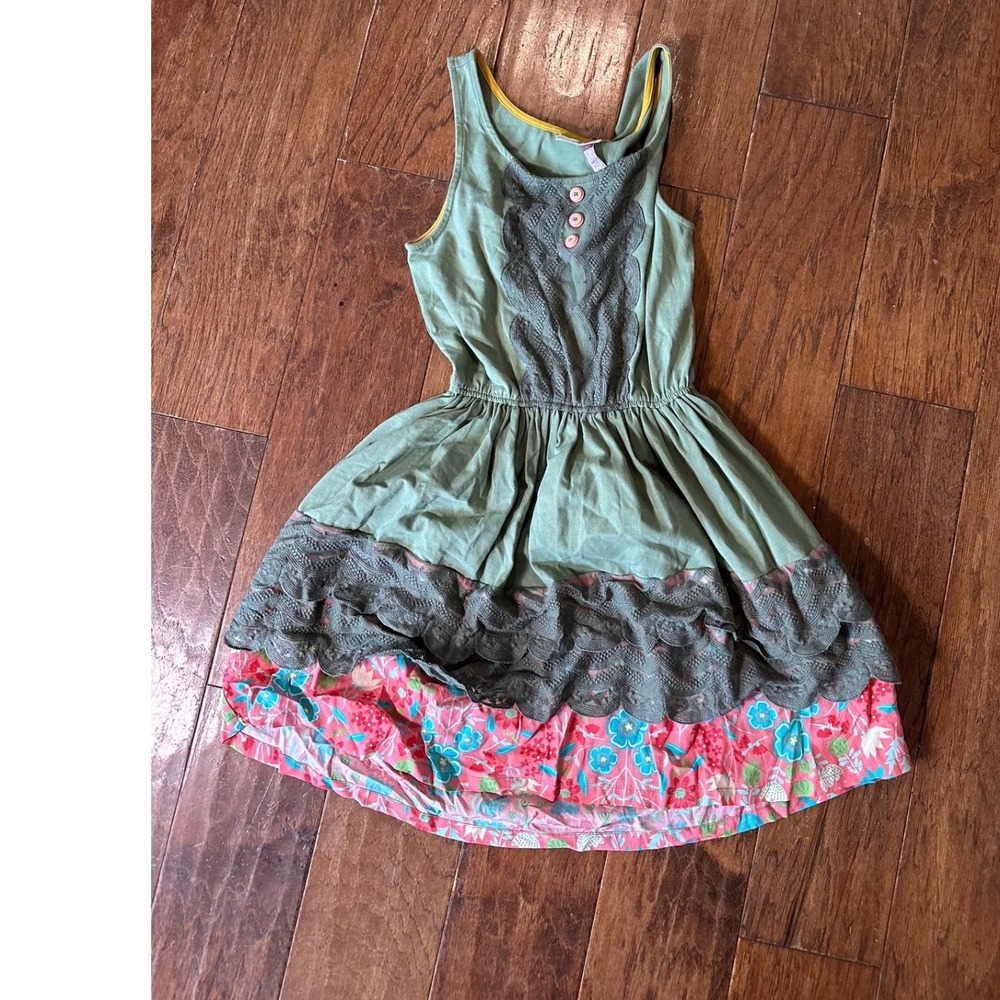 Matilda Jane 435 Girls Green Lace Trimmed Floral Dress Sleeveless Ruffle size 10